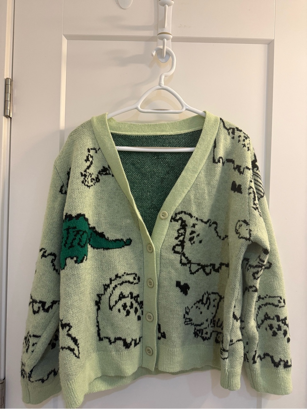Light Green Dinosaur Graphic Cardigan Sweater - Women's